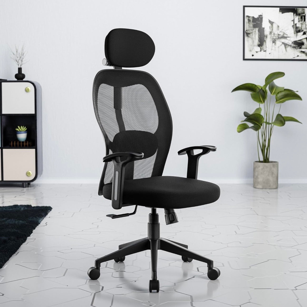 Ergonomic Office Chair Online – Adjustable Headrest & Lumbar Support for Home & Office (Black)