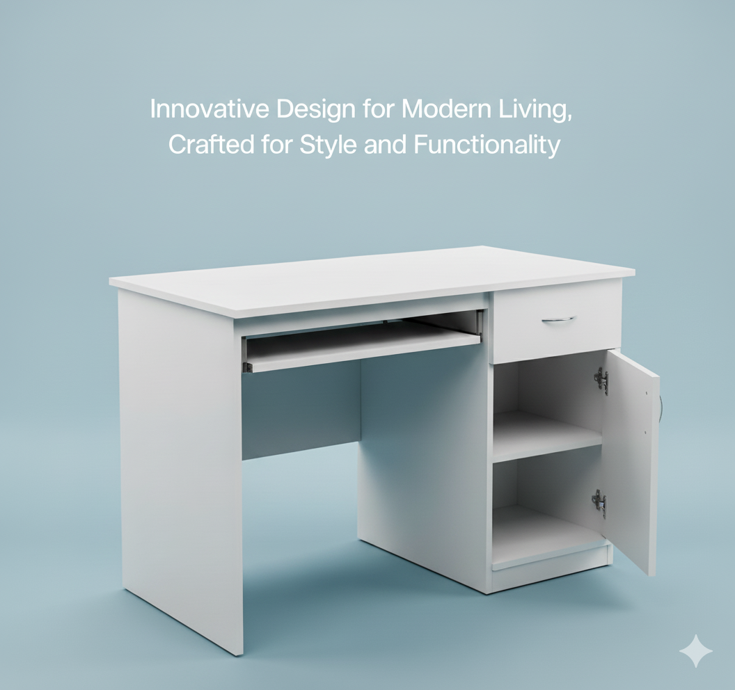 Modern Study Desk with Storage Drawer & Cabinet – White Finish