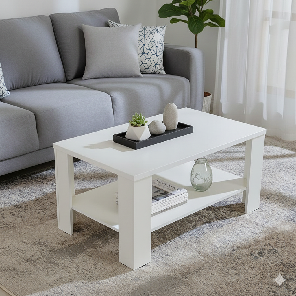 Modern White Rectangular Coffee Table with Storage Shelf - Minimalist Living Room Accent