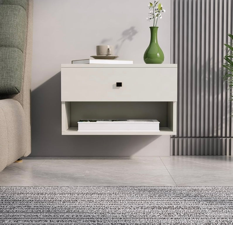 Modern Floating Bedside Table with Drawer & Open Shelf